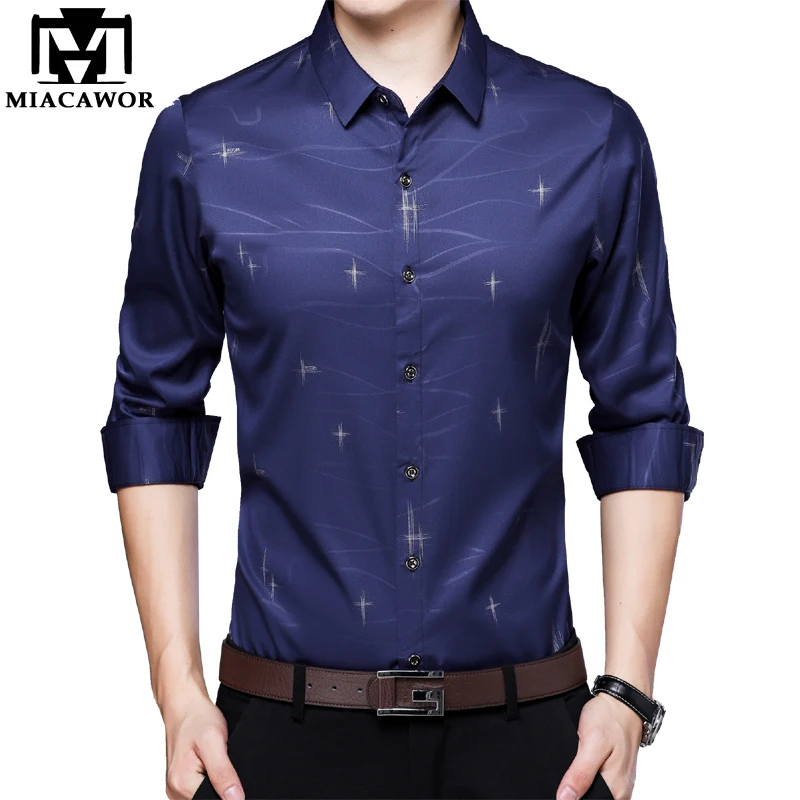 MIACAWOR New Shirt Men Business Casual Print Long Sleeve Camisa Masculina Slim Fit Dress Shirts Clothing C488 | Мужская одежда