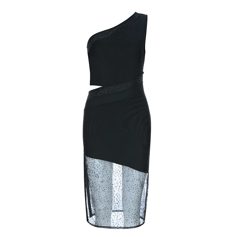 Высококачественное черное элегантное платье на одно плечо с длинными рукавами