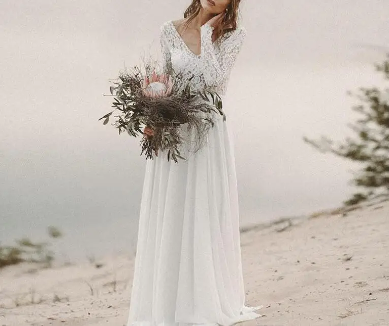 Beach Boho Wedding Dresses V Neck Backless Floor Length Chiffon A Line Applique Long Sleeve Bridal Gown Vestido | Свадьбы и