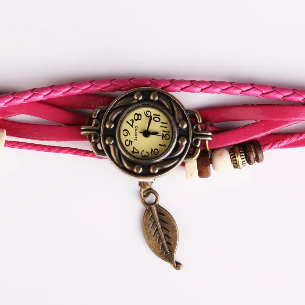 Wa042 Для женщин наручные Weave ремешок лист кулон Ретро кварцевые часы подарки Reloj Mujer