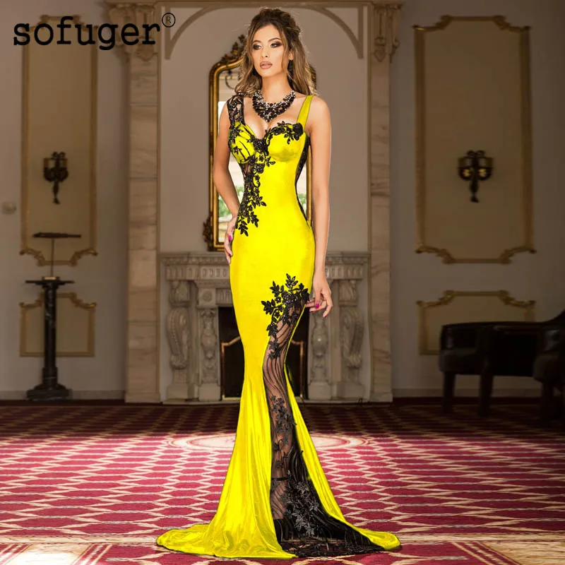 

Yellow Spandex Long Appliques Evening Dress Sweetheart Illusion Back Dubai Arabic Saudi Arabian Prom Dress Custom Made Plus