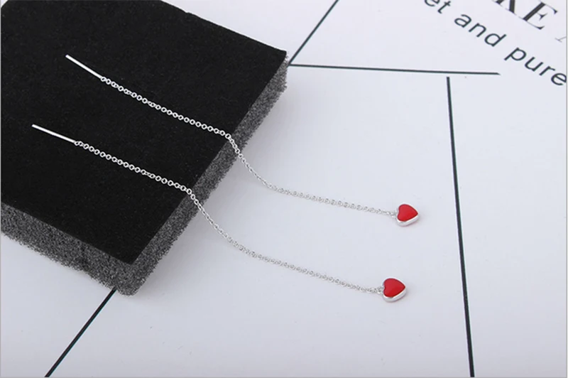 

1Pair New Romantic Silver Ear Line With Red Oil Heart Ear Lines Pendientes Moda Mujer Love Women Girls Kids Gift