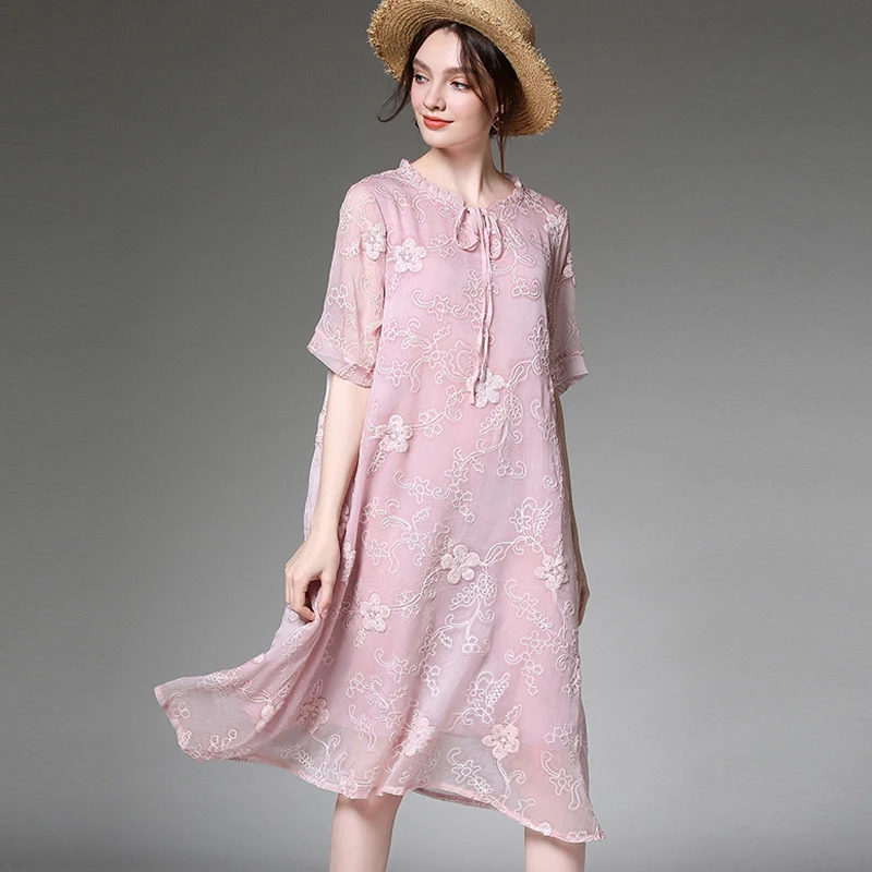 

women summer dress pink plus size short sleeve 2019 flower embroidery elegant lady oversized dresses female fashion casual dress