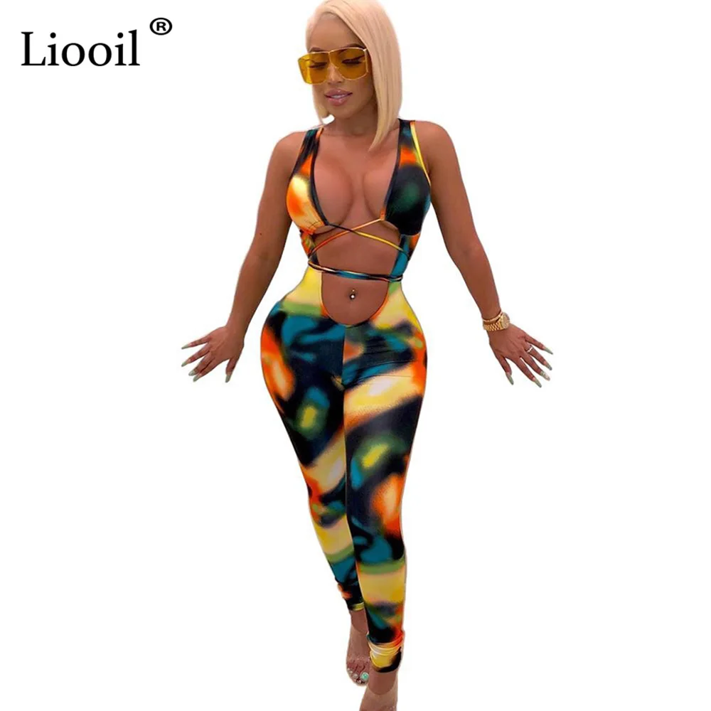 Liooil Tie Dye сексуальный комбинезон Колготки Клубные наряды одежда V образным вырезом праздничные вечерние облегающие Комбинезоны Женский комбинезон