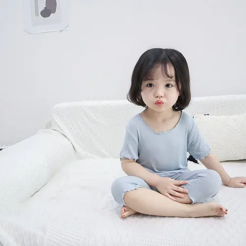 Light Blue Детские пижамы в рубчик летние пижамы для девочек и мальчиков, одежда для сна для малышей, детская одежда для сна модельный топ+ штаны, от 18 месяцев до 11 лет - Цвет: Light Blue