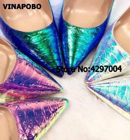 Vinapobo/Новое поступление года; женские свадебные туфли; цвет белый, синий; пикантные туфли на высоком каблуке-шпильке с градиентным принтом под змеиную кожу; женские туфли-лодочки с острым носком