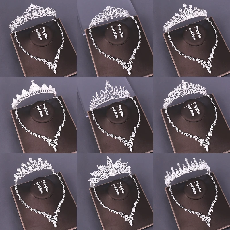 Bridal Jewelry Sets Wedding Crown Necklace With Earrings Bride Hair Ornaments Crystal Crown Necklace Women Accessories