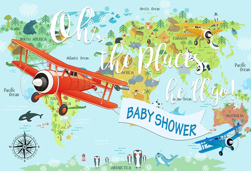 

7x5FT 2 Style Helicopter Plane World Map Compass Baby Shower Custom Photo Studio Backdrop Background Vinyl 220cm x 150cm