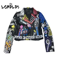lordlds leather jacket women graffiti colorful print biker jackets and coats punk streetwear ladies clothes