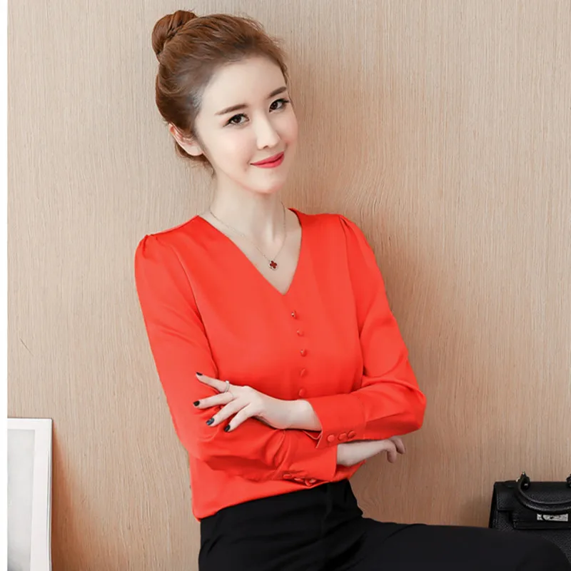 

Sale Summer V neck Long Sleeve Chiffon OL Blouse Solid color Blouses Women for Office Lady Female Clothing Korean Work Wear Tops
