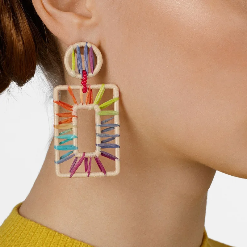 Популярные трендовые радужные цветные Серьги капельки из рафы яркие серьги