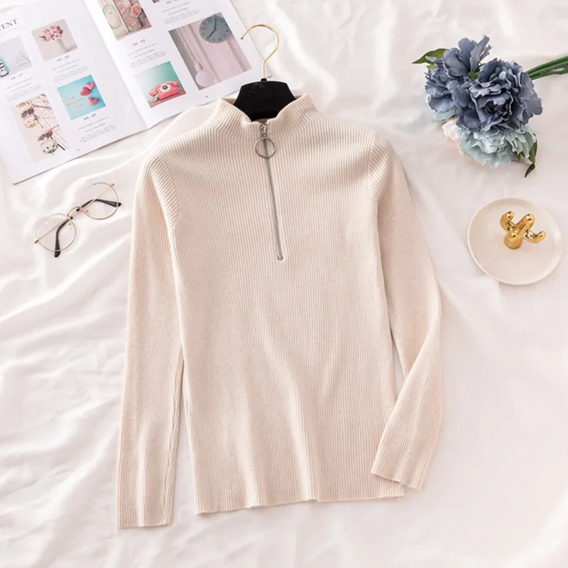 Однотонный женский осенний свитер на молнии с высоким воротником UHYTGF