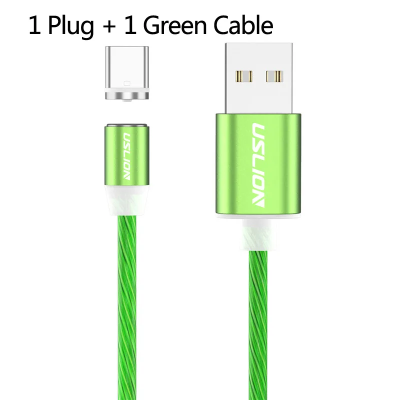 Светодиодный светящийся Магнитный usb-кабель USLION для iPhone, huawei, samsung, кабель USB type-C и зарядное устройство Micro usb для телефона, кабель-светильник - Цвет: Green