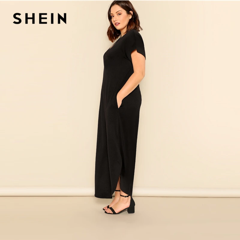 SHEIN, платье макси размера плюс, черное, с косым карманом, M-Slit Hem,, женское летнее Повседневное платье с карманами и v-образным вырезом, с коротким рукавом, однотонное, длинное, Dreeses