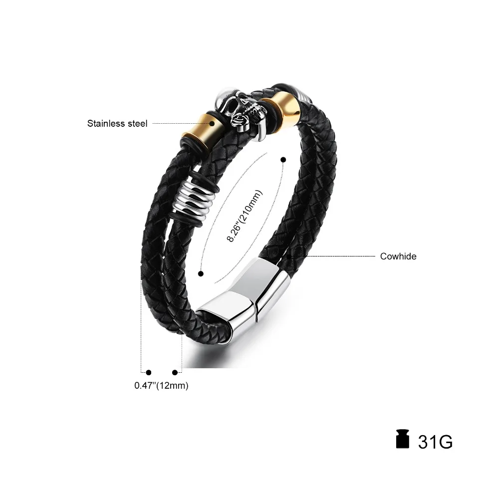 Роскошные мужские браслеты с черепом из натуральной воловьей кожи нержавеющей