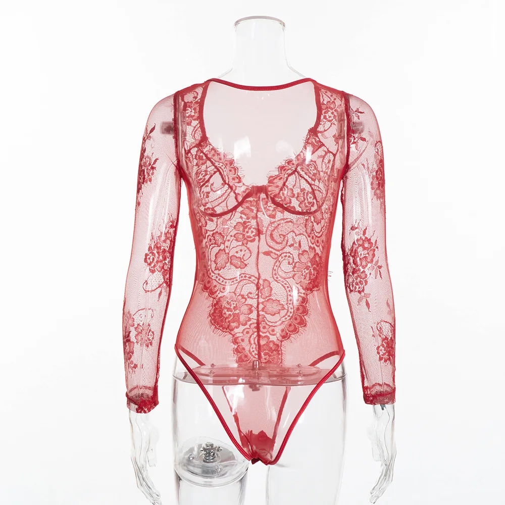 

Mesh Lace Bodysuit Women Body Suit V-neck Transparent Sexy Long Sleeve Catsuit Jumpsuit Shoulder Strap Bedtime Bralette Bodysuit