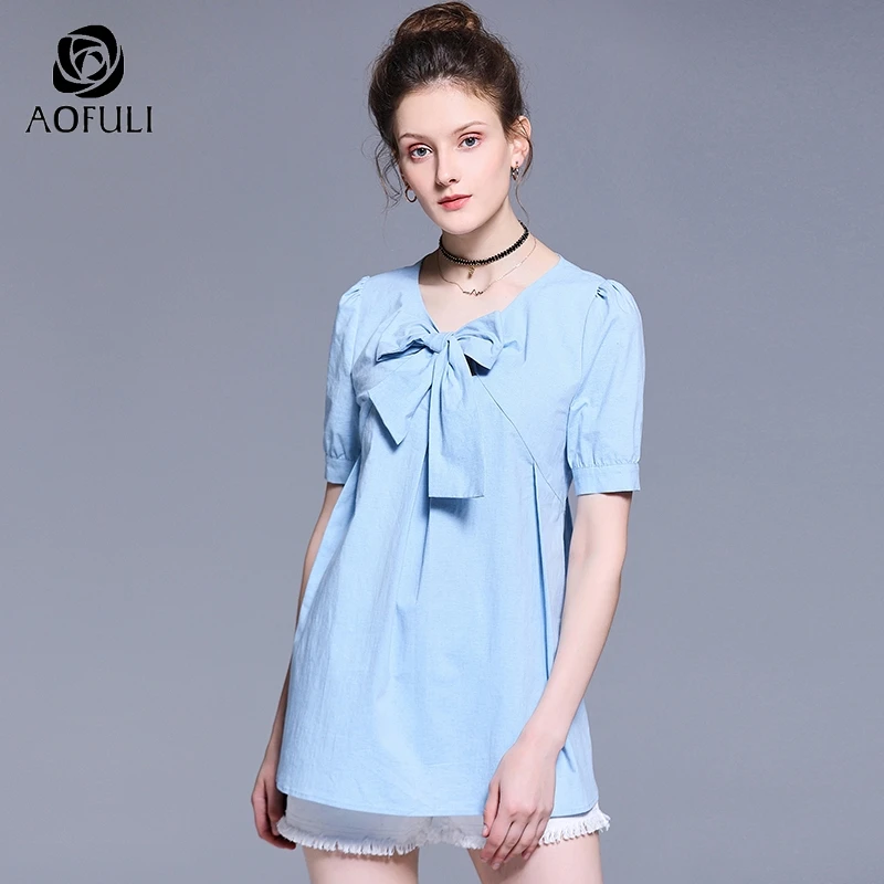 Женская блузка с бабочкой AOFULI L ~ 4XL 5XL Повседневная Свободная короткими рукавами