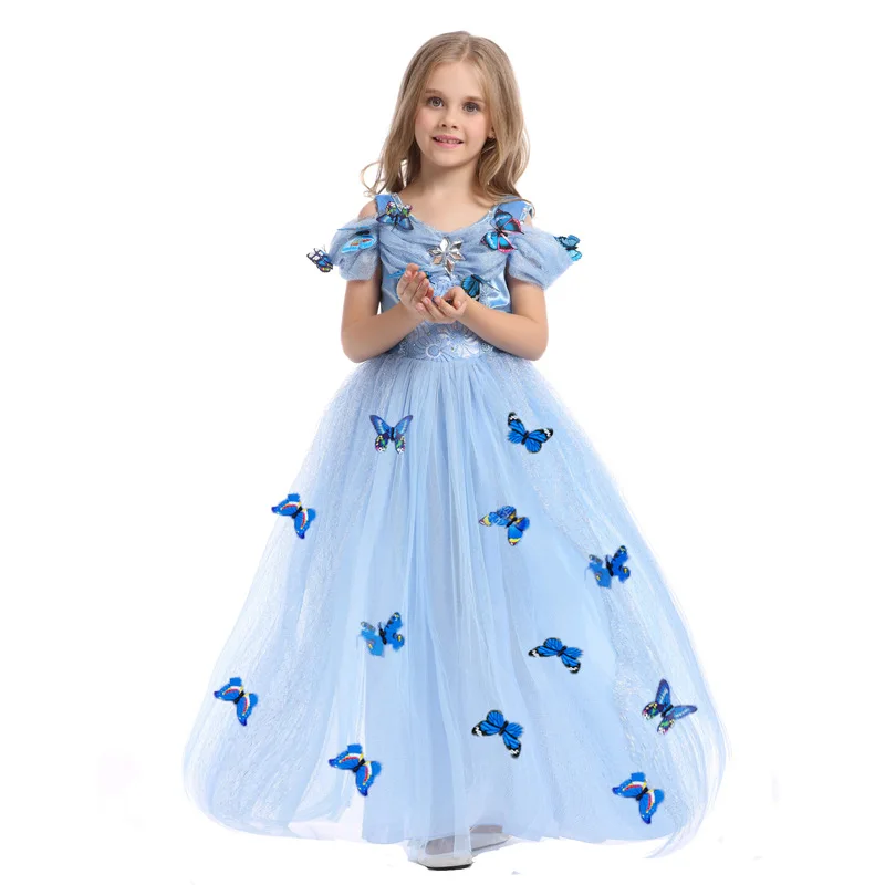 

Free Shipping 2016 Girls Cinderella Princess Dress Children Fancy Bow Party Dresses With Butterflies Kids Halloween Clothes
