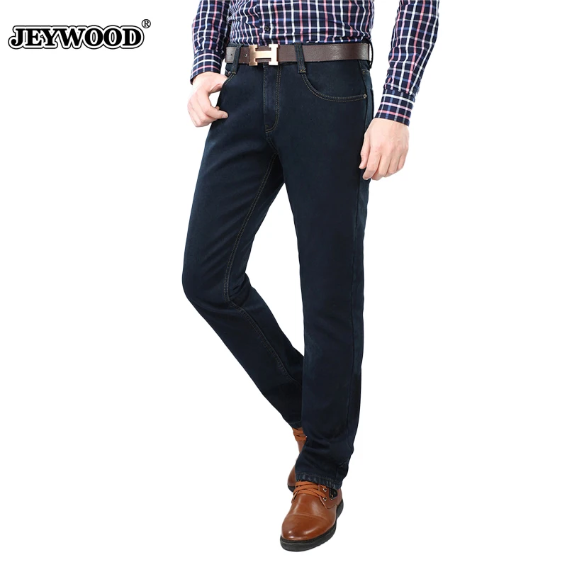JEYWOOD Mens Winter Fleece Jeans Classic Stretch Warm Flannel Denim Pants Elastic Male Designer Men's Trousers | Мужская одежда