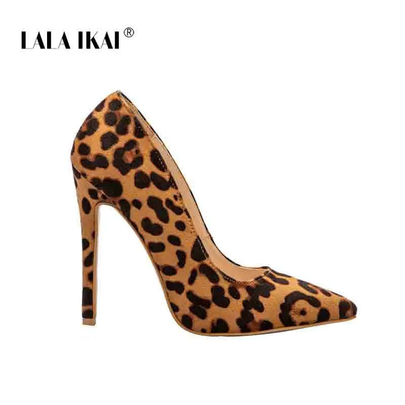 Leopard LALA IKAI/туфли на высоком каблуке с леопардовым принтом; женские туфли-лодочки; офисные женские туфли из флока с острым носком; пикантные свадебные туфли на каблуке 12 см; Sapato Feminino; 014C1722-49 - Цвет: Leopard