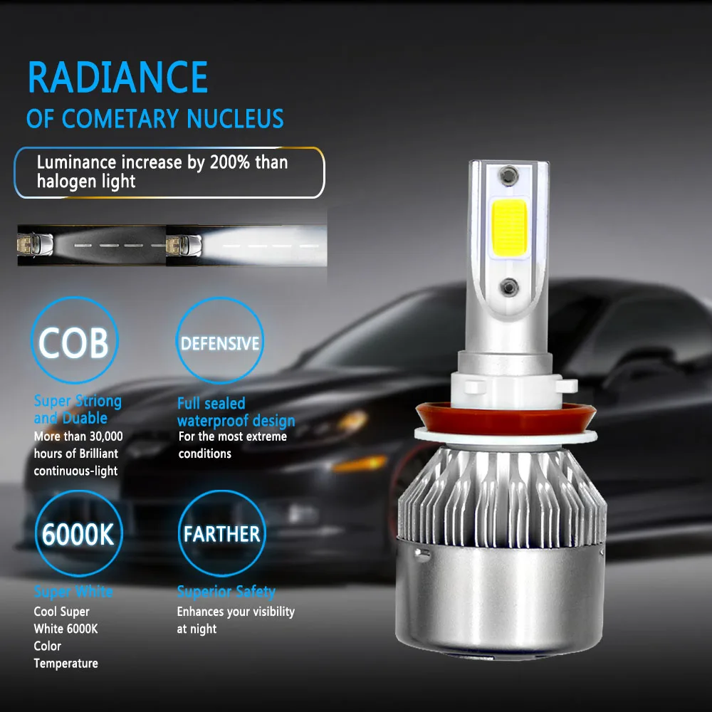 LSlight C6 светодиодные фары H7 H4 H1 H3 H11 H8 9005 9006 9007 9012 880 HB2 HB3 HB4 H27 автомобильные лампы 6000K