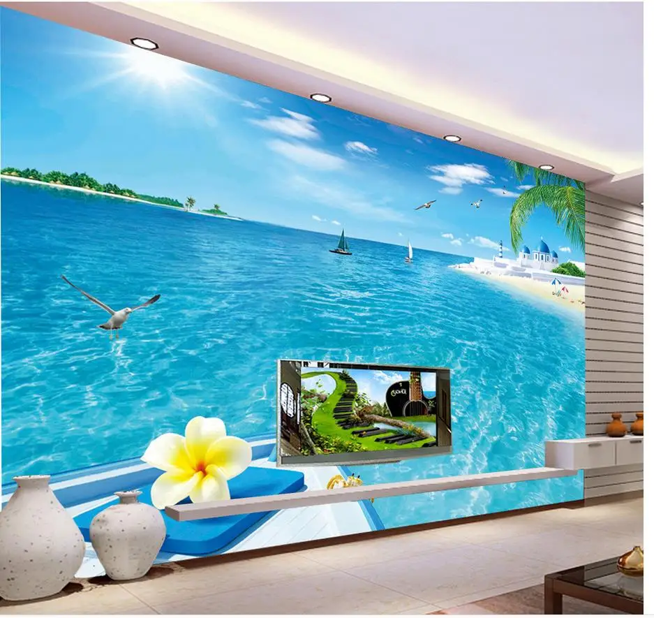 Настенные 3D обои с изображением пейзажа морского берега дерева замка|living 3d