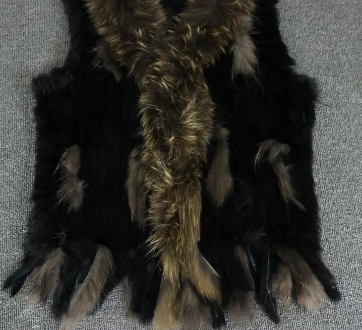 black khaki Модный жилет из кроличьего меха, отделка мехом енота, вязаный жилет из кроличьего меха с капюшоном, меховой жилет - Цвет: black khaki