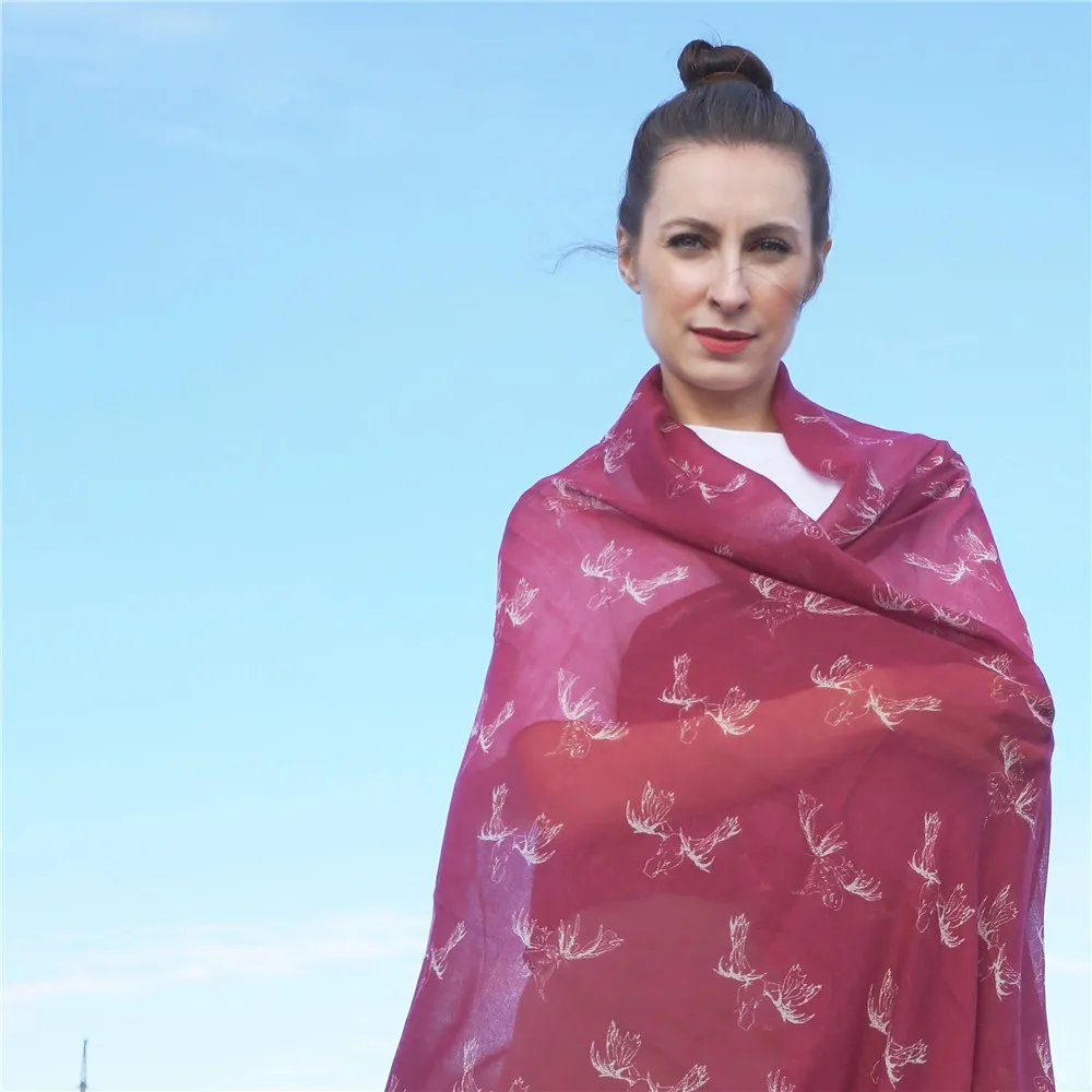 Jinjin.QC Women Lightweight Viscose Scarf Reindeer Head Printed Scarves and Shawls Instant Jilbab Muslim Hijab Lady Bandana jinjin qc 2019 new fashion women viscose scarf rose printed bandana jilbab instan muslim hijab jersey scarves foulard femme