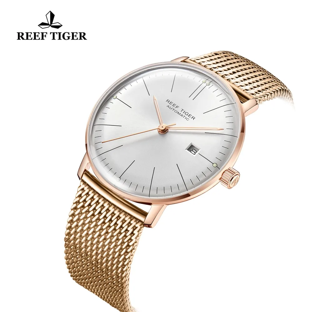 Reef Tiger/RT лучший бренд Роскошные мужские часы розовое золото ультра тонкие автоматические механические часы Календарь Водонепроницаемые RGA8215
