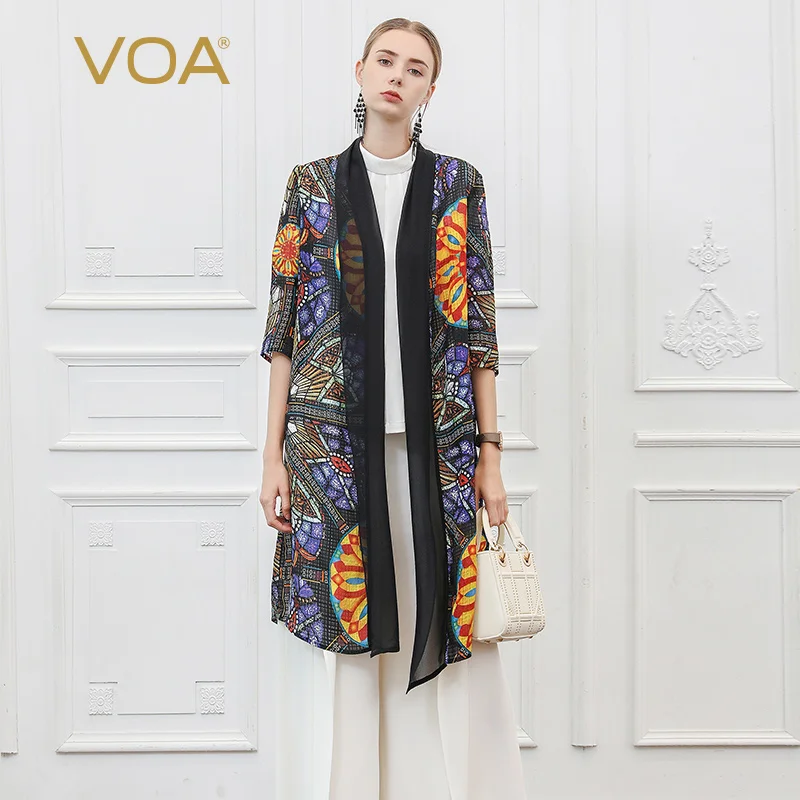Женский офисный кардиган VOA Тонкий Повседневный Кардиган из 100% шелка с принтом