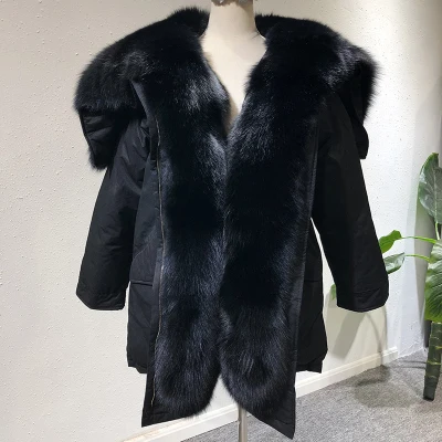 OFTBUY, зимняя куртка для женщин, пальто с натуральным мехом, парка, натуральный большой Лисий мех, воротник с капюшоном, белый утиный пух, куртка, теплая, армейский зеленый, Новинка - Цвет: all black