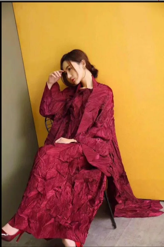 Miyake fold осенний комплект из двух предметов, плиссированная ветровка с длинными рукавами+ большое свободное платье с короткими рукавами - Цвет: Бургундия