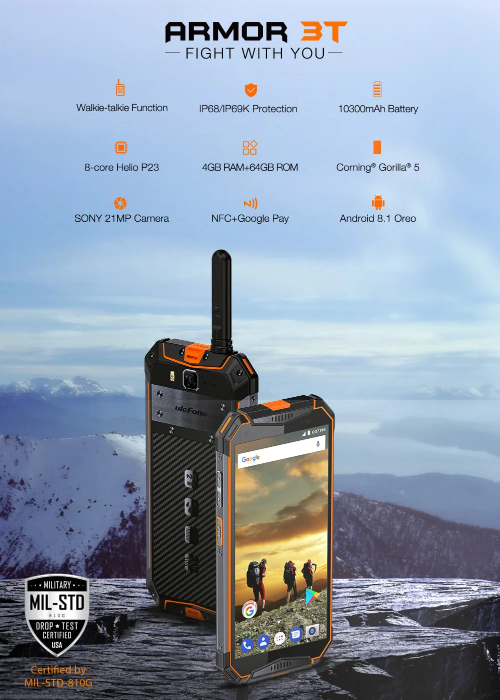 Ulefone power 3T Android 8 1 IP68 Водонепроницаемый мобильного телефона 5 7 &quotFHD + Helio P23 Octa Core 4 Гб