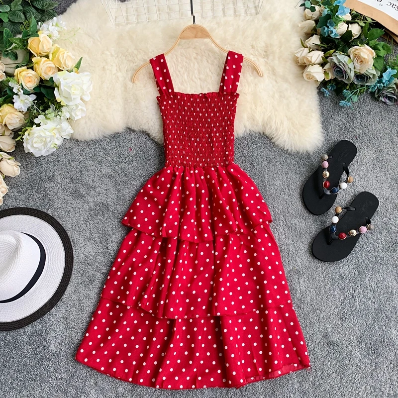 ALPHALMODA/Новинка платье принцессы с оборками в горошек летнее на бретелях Новинка