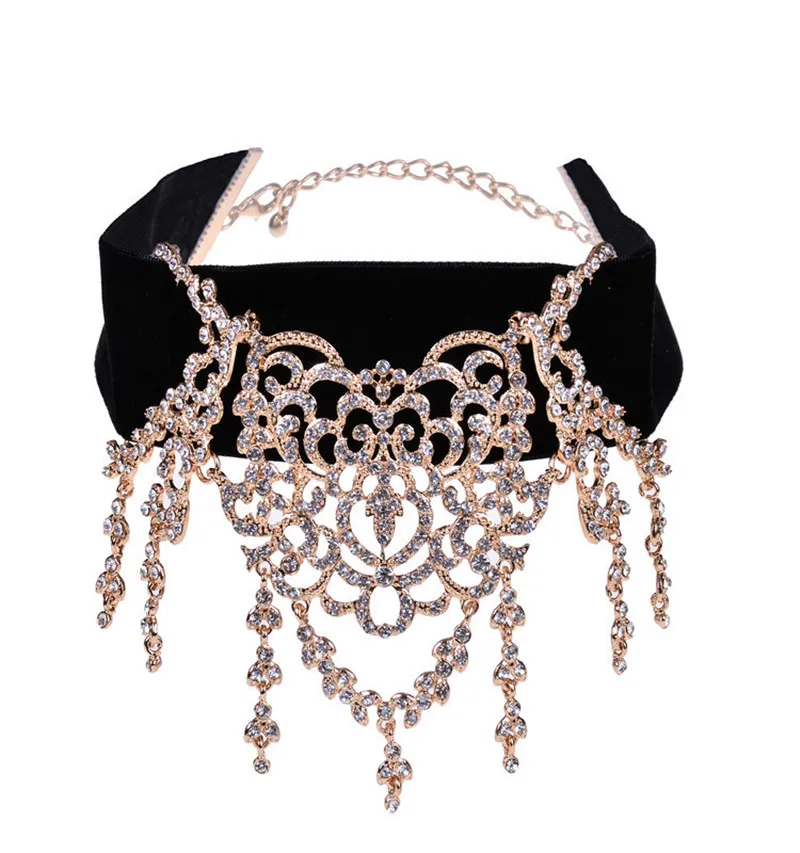 Gold Silver Rhinestone Tassels Chokers Necklace Romantic Women Maxi Statement Necklace With Velvet Fashion Jewelry Gift For Lady