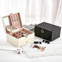 pu leather multi layer jewelry makeup organizer women earrings necklace watch holder drawer box with mirror lock collection case
