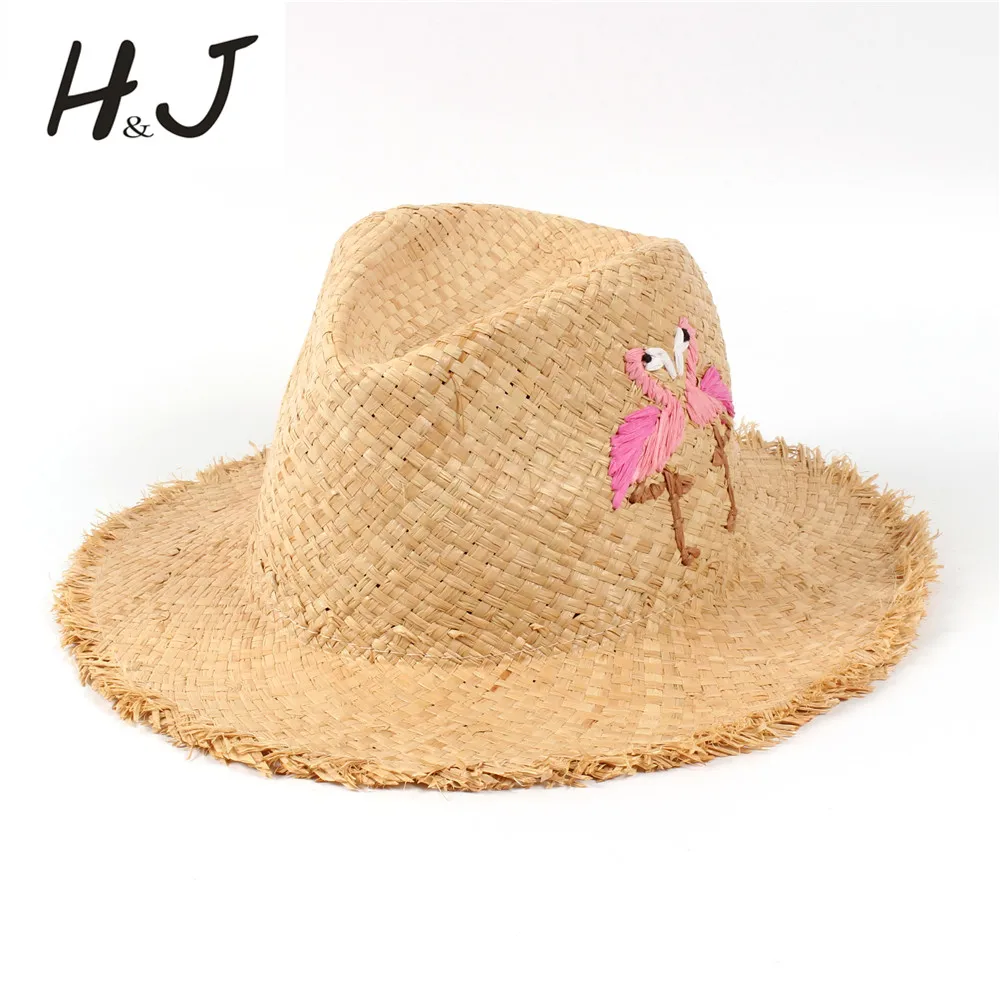 100% рафия соломы Летние для женщин Floppy широкими полями пляж Защита от Солнца шляпа