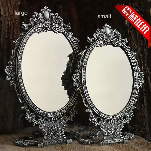 

2X magnifying antique double-face folding table desktop retro metal makeup cosmetic mirror large embossed rose princess 335L