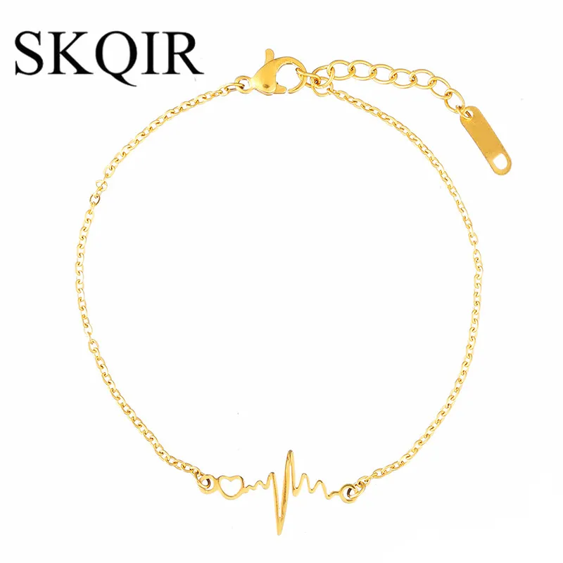 

SKQIR Gold Color Hollow Heart Medical Heartbeat Bracelet For Nurse/Doctor Gift ECG Stainless Steel Bangle Women Delicate Jewelry