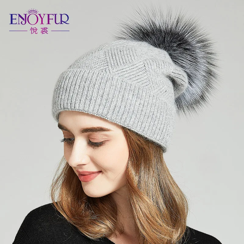 ENJOYFUR зима натуральный мех Pom Hat для Для женщин толстый теплая шерсть шапки леди шляпу громоздкая шапочки меховая шапка женская