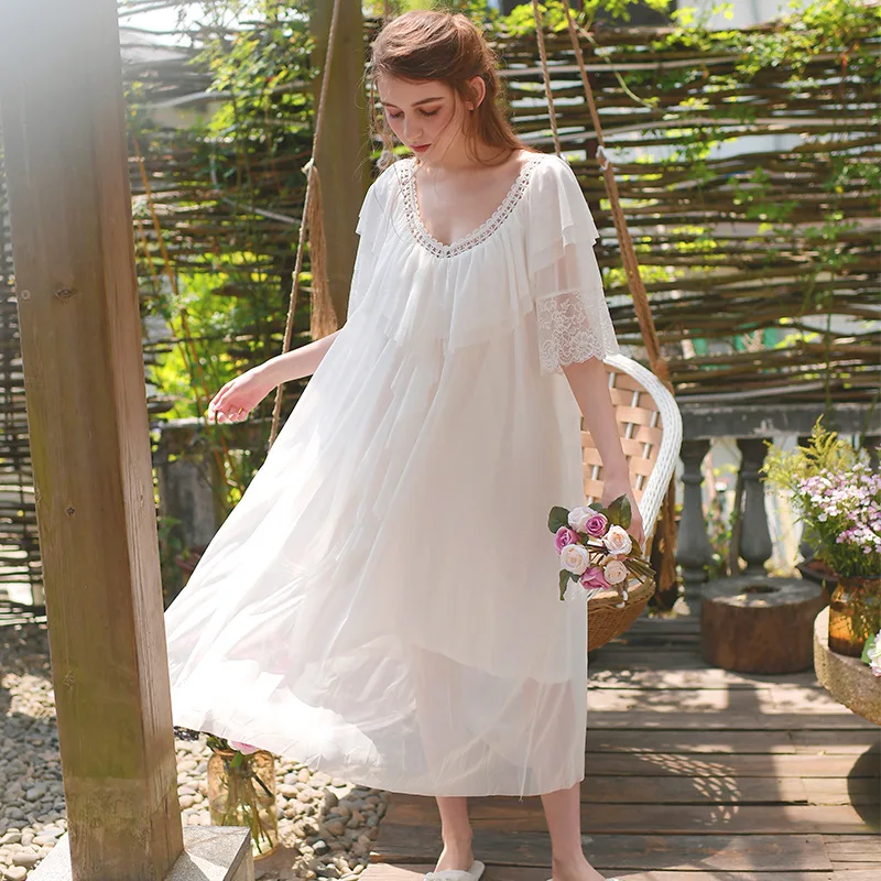 2019 New Spring Summer Women Long Sleeve Nightgown Mesh Lace Loose Dress Nightwear Nightdress Slash Neck White/Purple/Pink | Женская