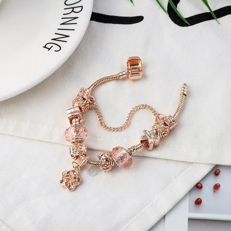 Подходит к оригинальному браслету с подвеской Rosa Beads Весна розовое золото цвет цветок безопасная цепь браслеты для женщин модные ювелирные изделия DIY Pulseras