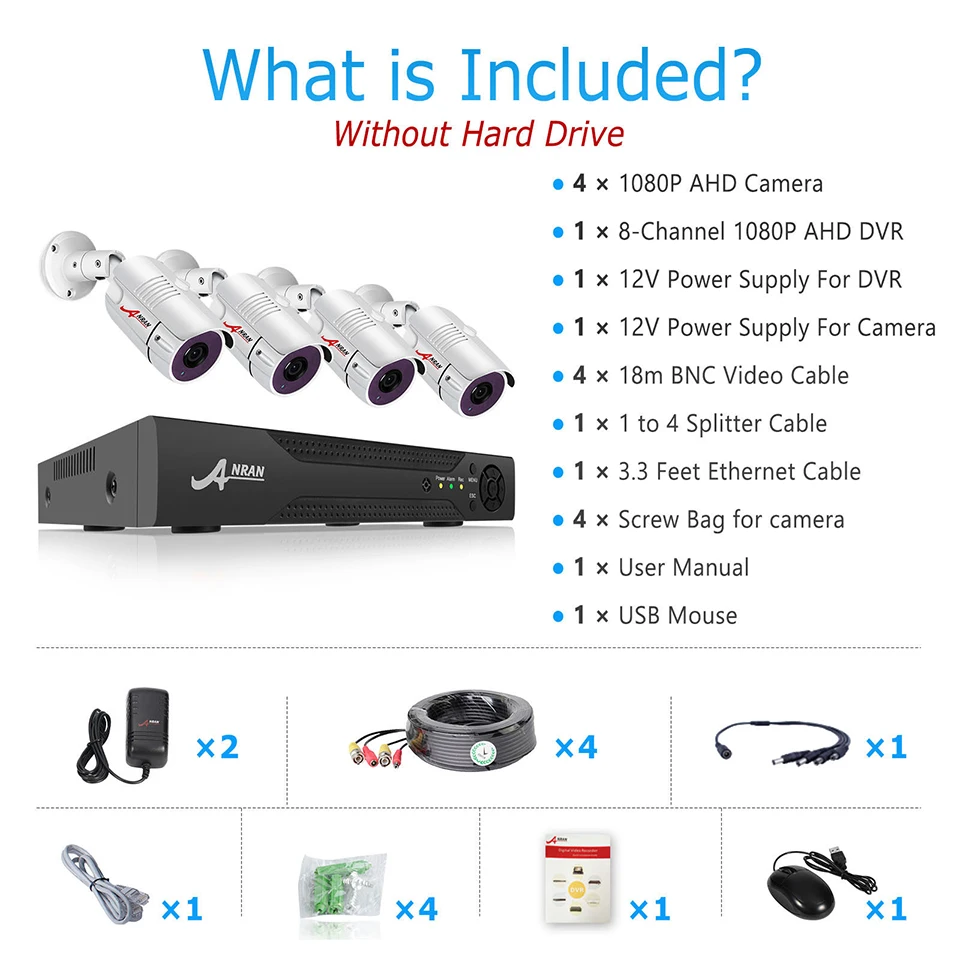 Новый ANRAN видеонаблюдения 2.0MP 8CH AHD DVR Системы комплект 4 шт 3000TVL 1080 P День Ночь