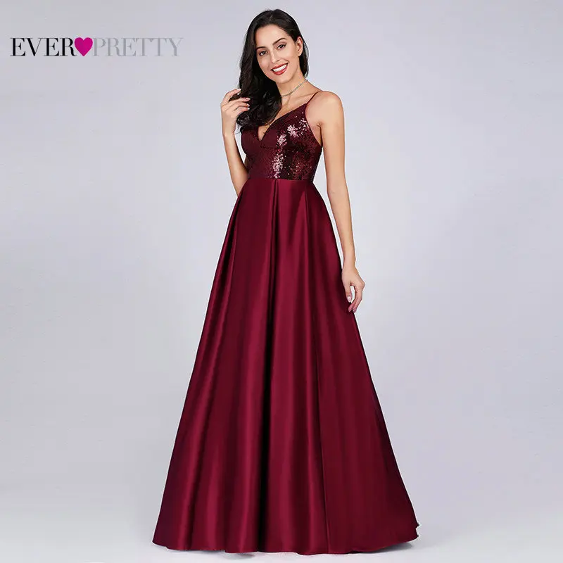 Длинные атласные платья Ever Pretty, красное вечернее платье с V-образным вырезом, пайетками, открытой спиной, для выпускного, EP07859, весна-лето