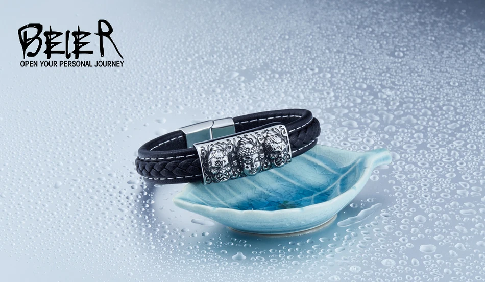 BEIER Wholesale Dropshipping Man's High Quality Genes Leather Simple Style 3 Buddha Bracelet Bangle For Man BC-L017