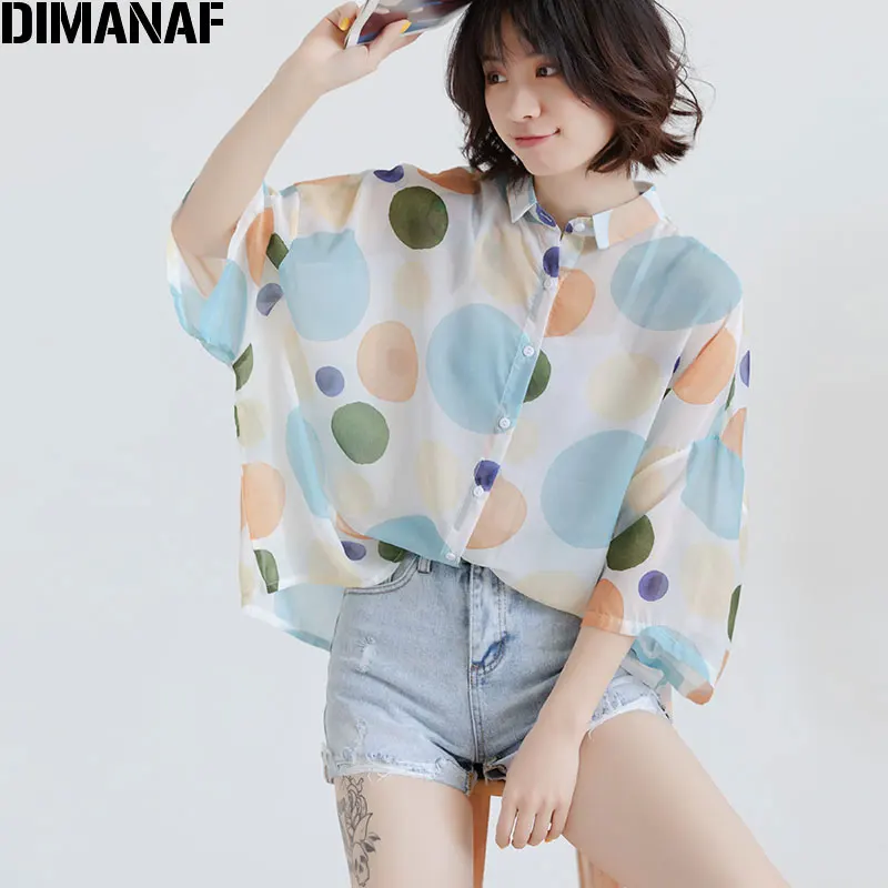 Женская блузка DIMANAF с рукавом летучая мышь в горошек Шифоновая туника большого