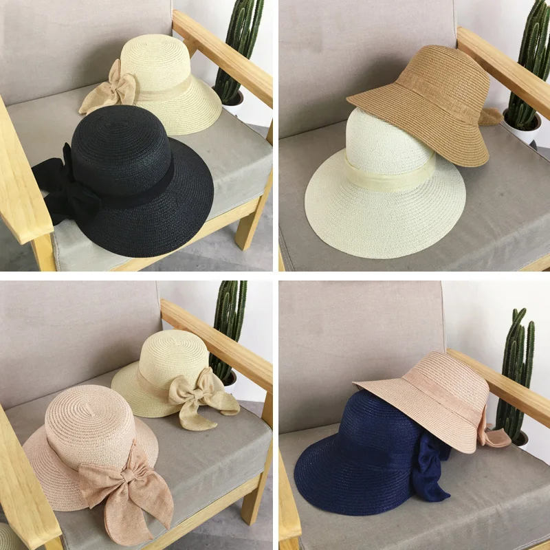 Шляпа женская Соломенная с бантом модная Панама на плоской подошве Пляжный