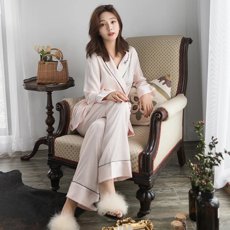 Японские пижамы для женщин Ice Silk Satin Домашняя одежда весна осень однотонная Пижама комплект Женский Пижамный костюм с длинным рукавом 2 шт. MA50132