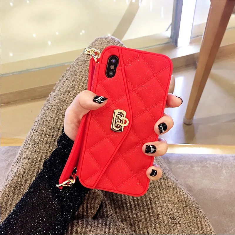Red KASONPAI роскошный модный Мягкий силиконовый чехол-кошелек для iPhone X, 8, 7, 6 S, 6 Plus, слот для карт, сумочка, кошелек, чехол для телефона с длинной цепочкой - Цвет: Red