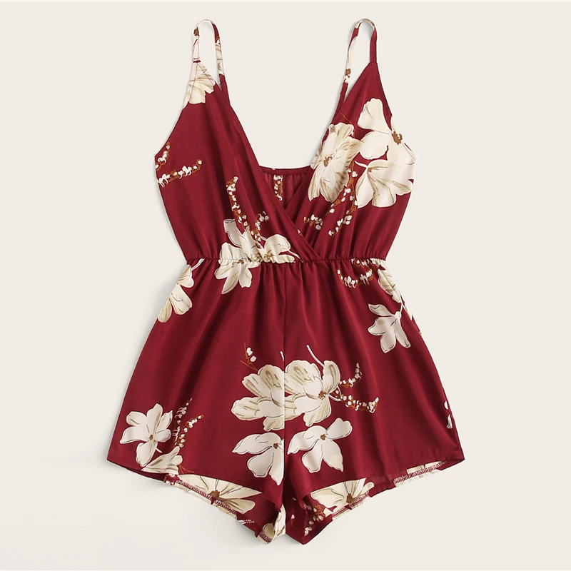 Dotfashion бордовый цветочный принт эластичный пояс Cami Romper для женщин Лето Boho Спагетти ремень свободный высокий приталенный легкий костюм с шортами